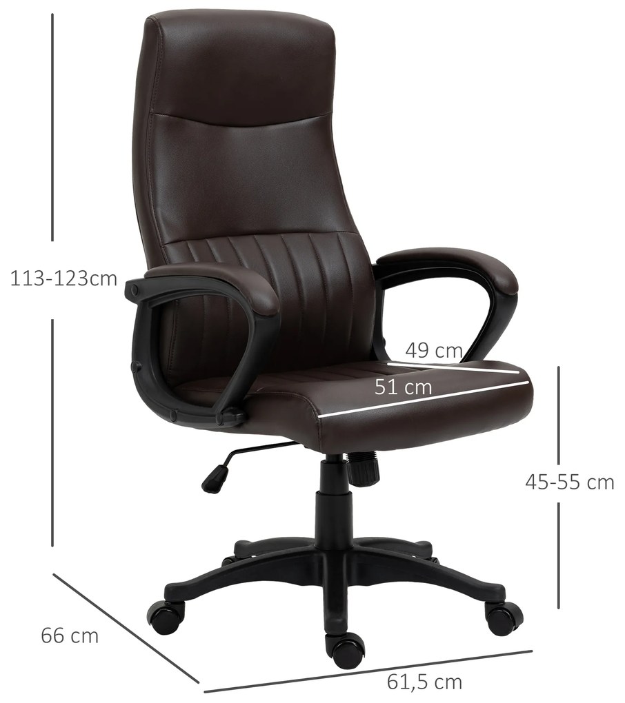 Vinsetto Cadeira de Escritório Ergonômica Cadeira de Escritório Basculante e Giratória 360° com Altura Ajustável Encosto Alto e Apoio para os Braços Pele Sintética 61,5x66x113-123cm Marrom