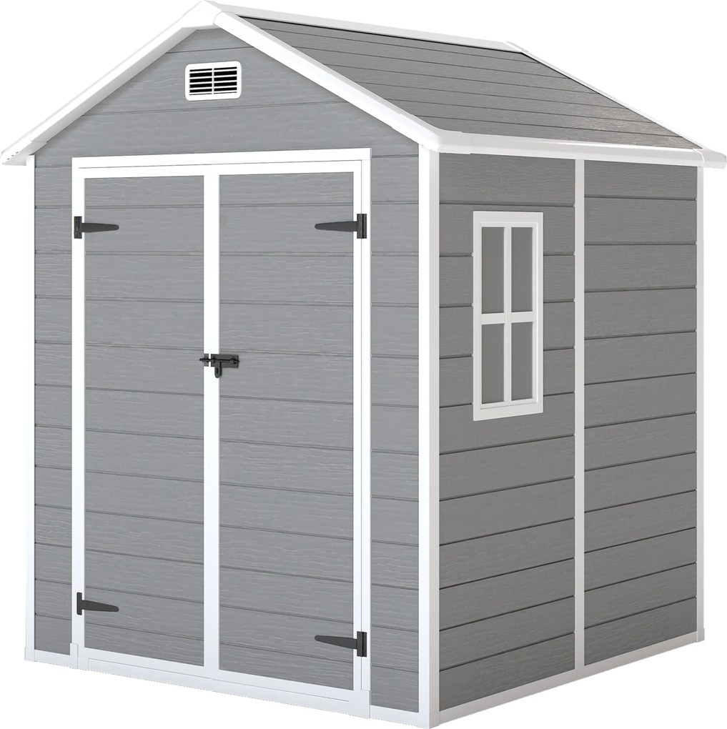 Outsunny Abrigo de Jardim em Resina 182x151x219 cm com Piso Janela Ventilação Portas Duplas Cinzento | Aosom Portugal