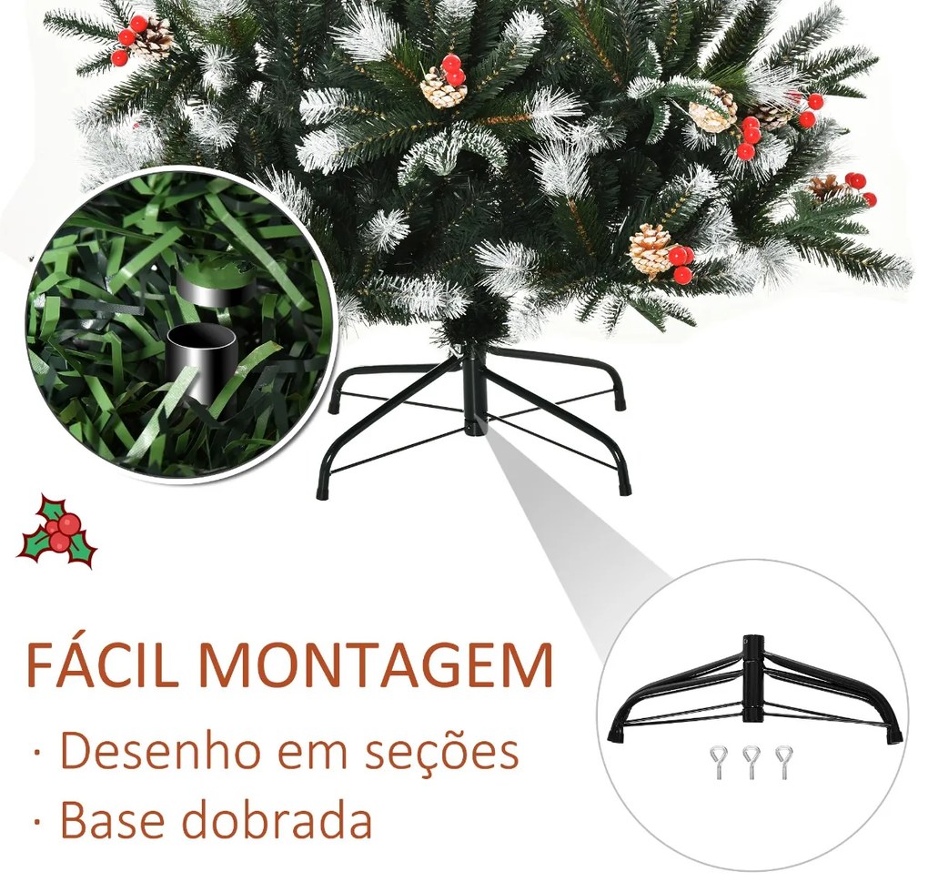 Árvore de Natal Artificial 180cm com 678 Ramas 53 Pinhas e 53 Frutinhas Folhas de PVC PE Base Dobrável e Suporte Metálico Decoração de Natal para Inte