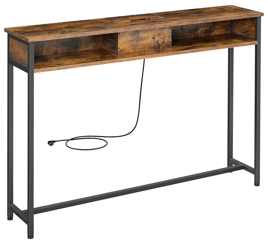 Mesa de console VASAGLE Slim com régua de energia, mesa de sofá com 2 compartimentos, carregamento oculto, economia de espaço, 25 x 120 x 81 cm, para entrada, sala de estar, marrom rústico e tinta preta LNT111K01