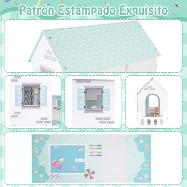 Casa de bonecas de madeira 74,5 x 34 x 120,5 cm com 18 peças de mobiliário e escada verde