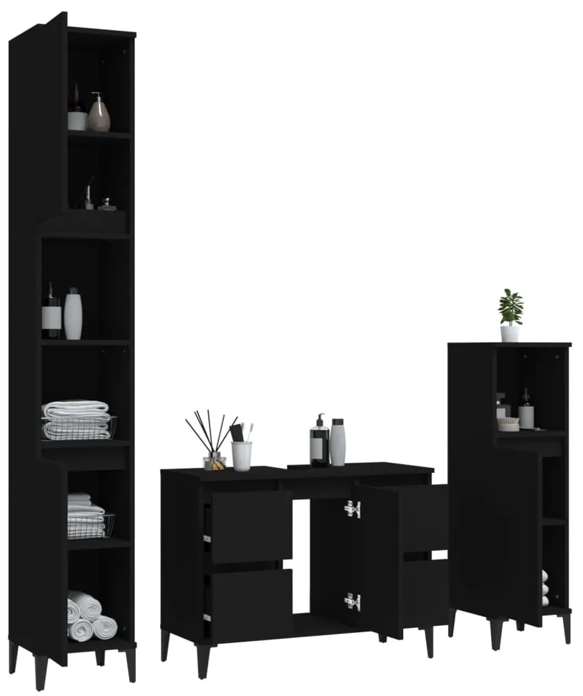 3 pcs conjunto móveis casa de banho derivados de madeira preto