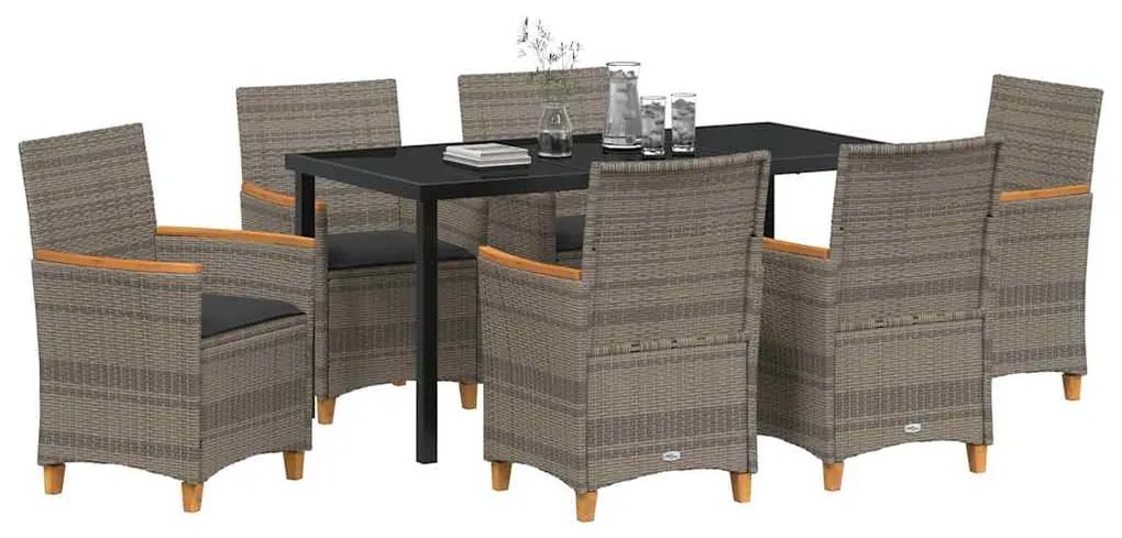 Conjunto de Jantar de Jardim com 7 Peças e Almofadas Cinza em Rattan