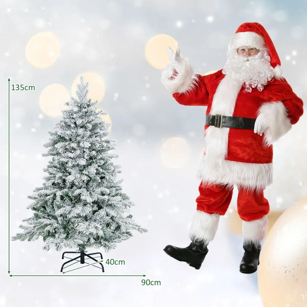 Árvore de Natal com neve de 135 cm com 737 ramos, 120 luzes LED quentes (DECORAÇÃO NÃO INCLUIDA) e design com dobradiças verdes