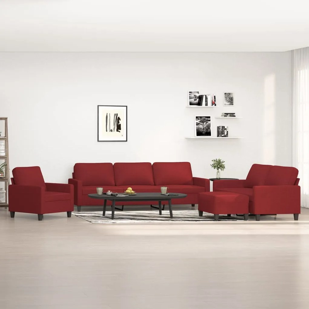 vidaXL 4 pcs conjunto de sofás com almofadões tecido vermelho tinto