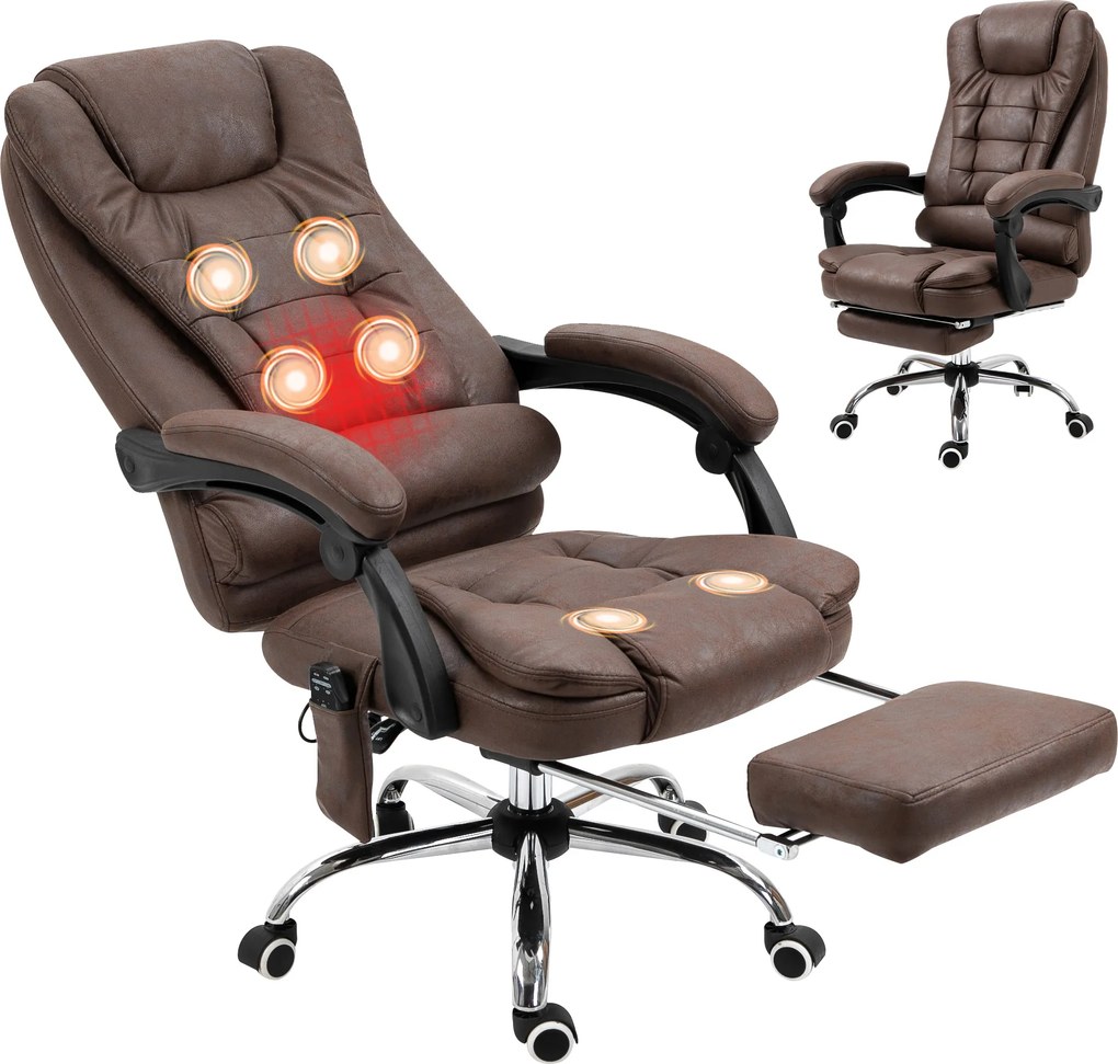 Cadeira de escritório executiva com função de massagem e aquecimento, altura ajustável, encosto reclinável, em tecido de microfibra castanho