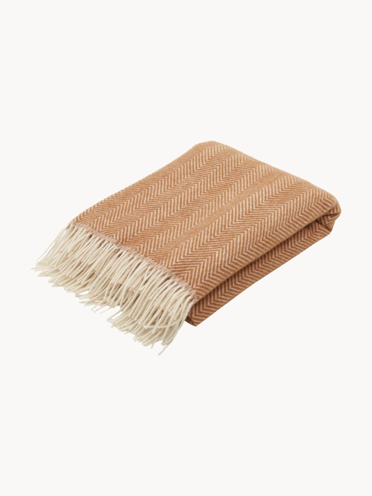 Manta em lã com padrão de espinha de peixe e franjas Tyrol