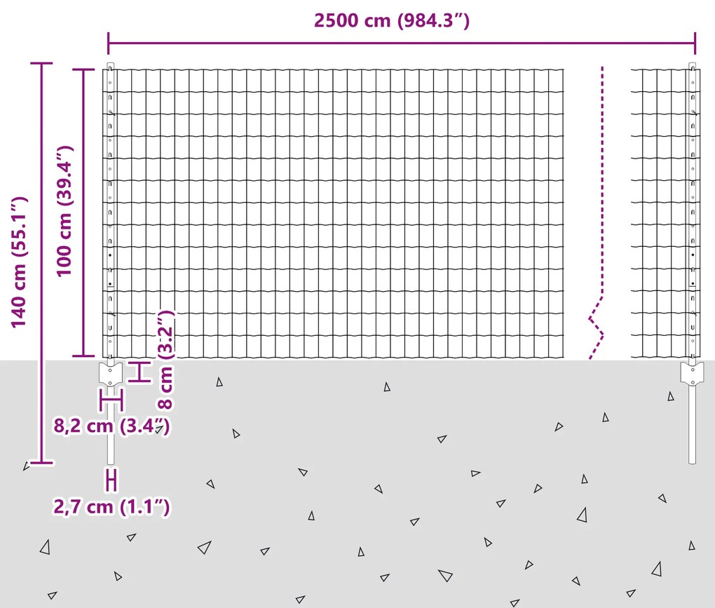 Cerca Euro com 22 Postes Cinza 1x25 m Aço