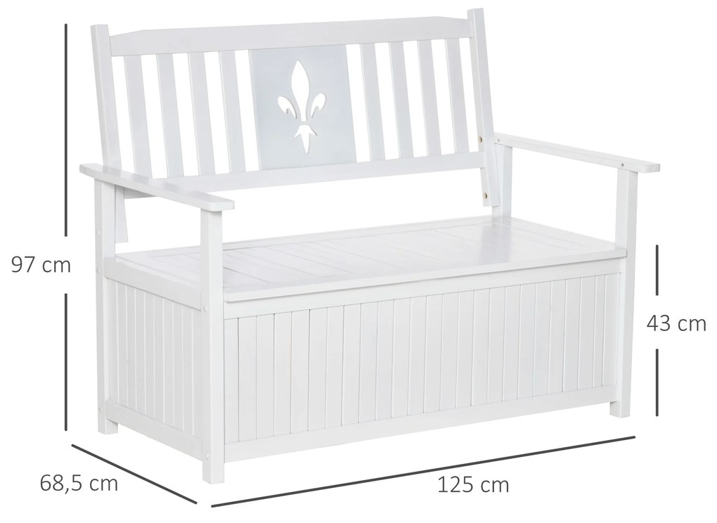 Outsunny Banco de Madeira Exterior de 2 Lugares com Espaço de Armazenamento e Tecido Oxford Banco Baú de Jardim Terraço com Apoio para os Braços Carga 250kg 125x68,5x97 Branco