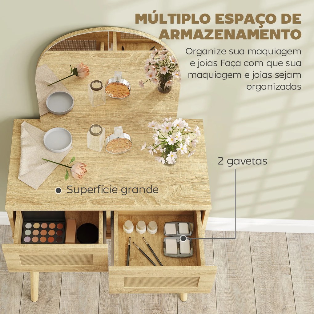 Toucador de Maquilhagem com Espelho Arqueado e 2 Gavetas com Frente em Vime para Espaços Pequenos 70x43,5x130 cm Madeira