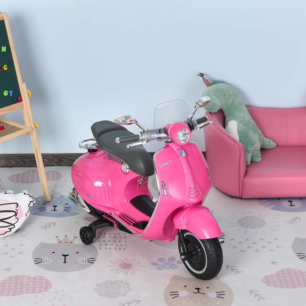 HOMCOM Motocicleta elétrica VESPA para crianças acima de 3 anos Motocicleta infantil autorizada pela VESPA com faróis Música 2 rodas auxiliares 108x49x75 cm Rosa