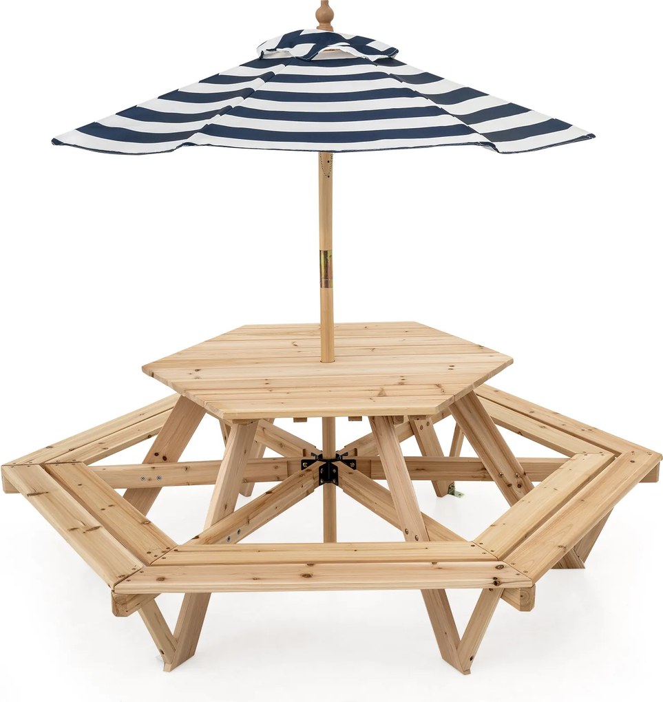 Mesa de Piquenique Infantil Hexagonal com Guarda-Sol, 162 x 141 x 53 cm, 6 Bancos Integrados, Natural