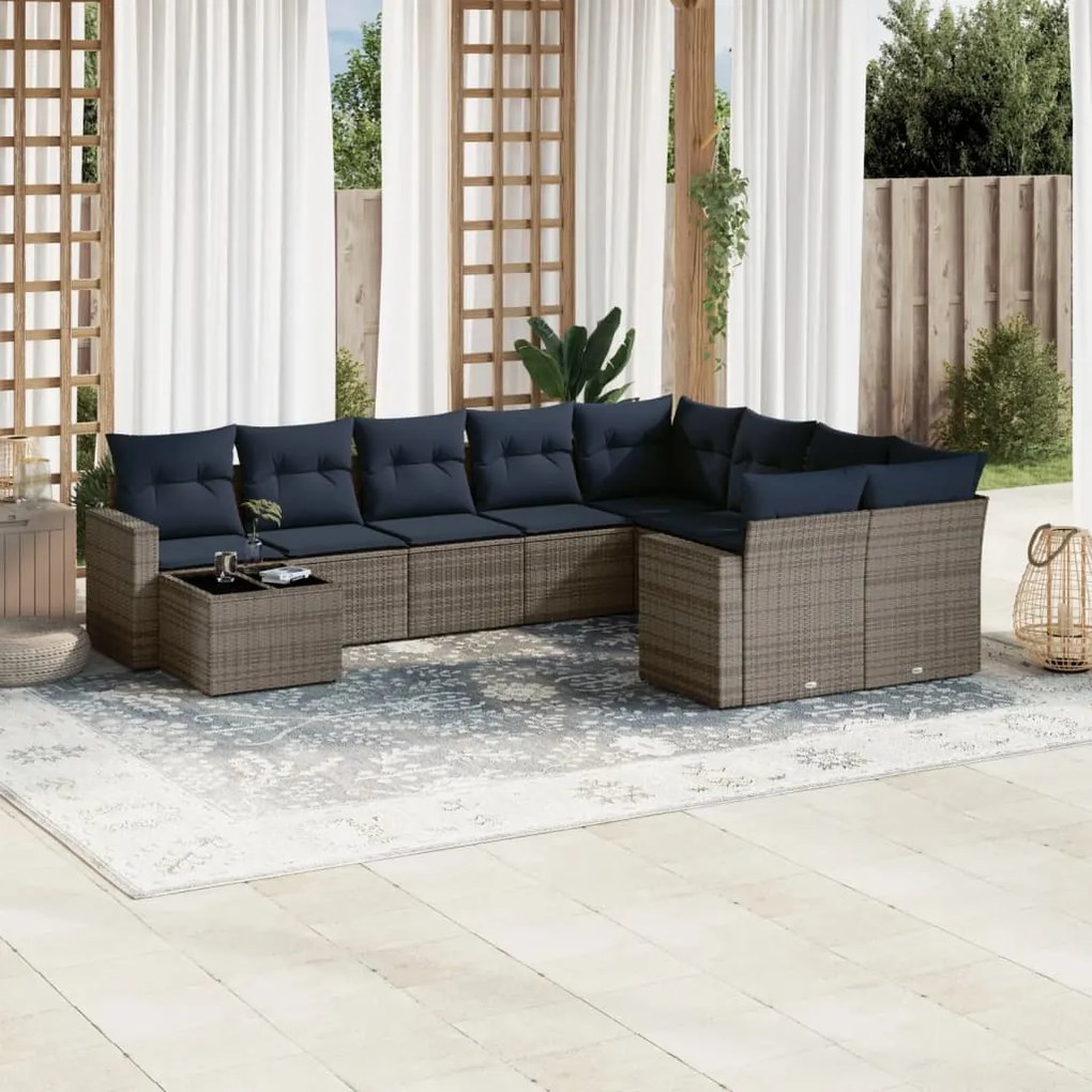vidaXL 10 pcs conjunto sofás p/ jardim c/ almofadões vime PE cinzento