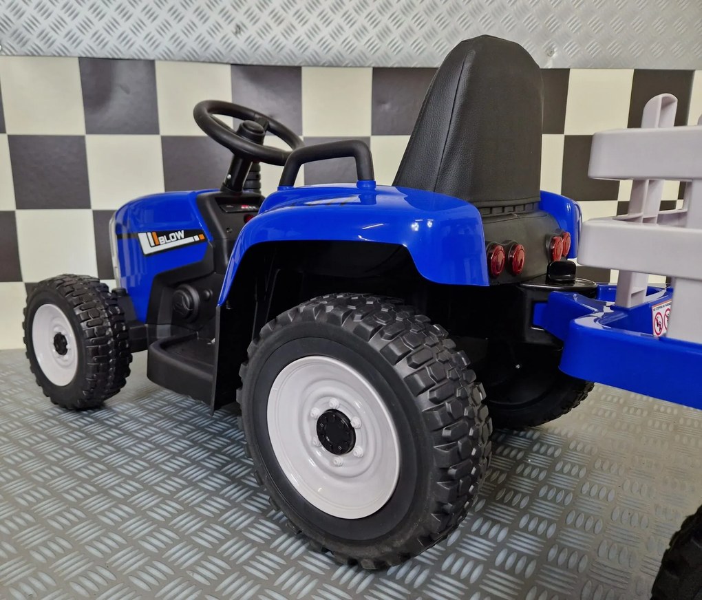 Tractor de bateria para crianças 3 a 5 anos, 12 volts, Pneus borracha, banco em pele, com reboque e Comando Azul