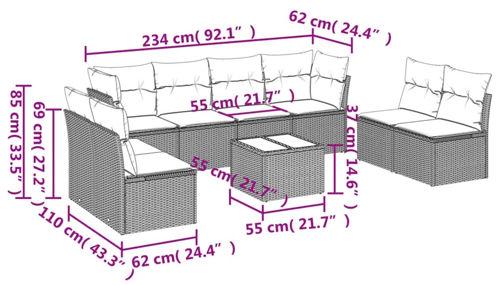 9 pcs conjunto sofás p/ jardim c/ almofadões vime PE castanho