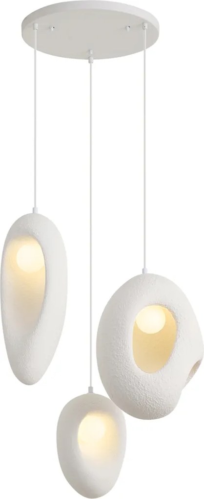 Candeeiro Pendente Japandi Branco com Abajur Orgânico 3 Luzes - Moonstone