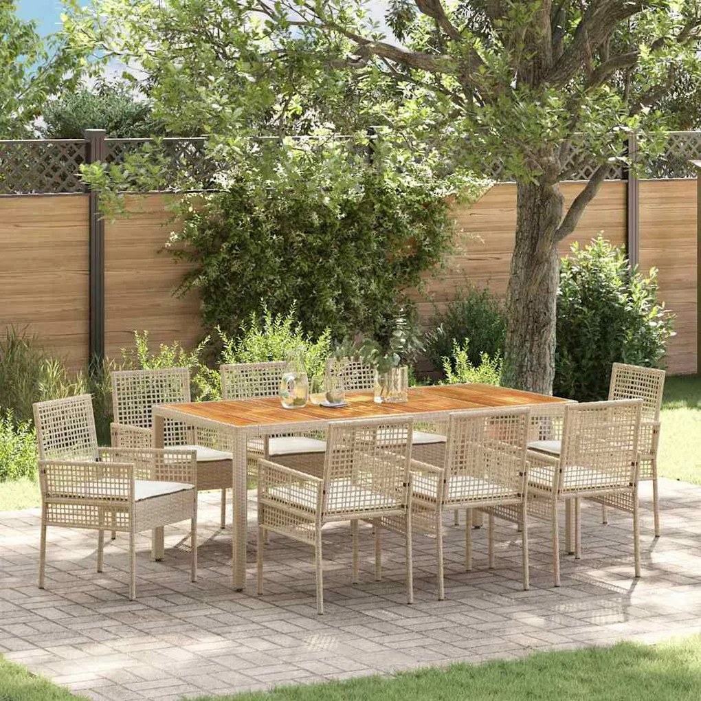 Conjunto de Jantar de Jardim de 9 Peças com Almofadas em Bege e Polira
