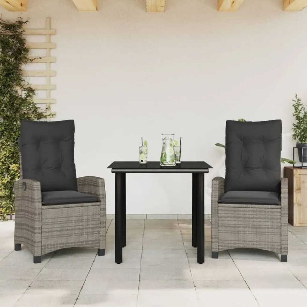 3 pcs conjunto de jantar p/ jardim c/ almofadões vime PE cinza