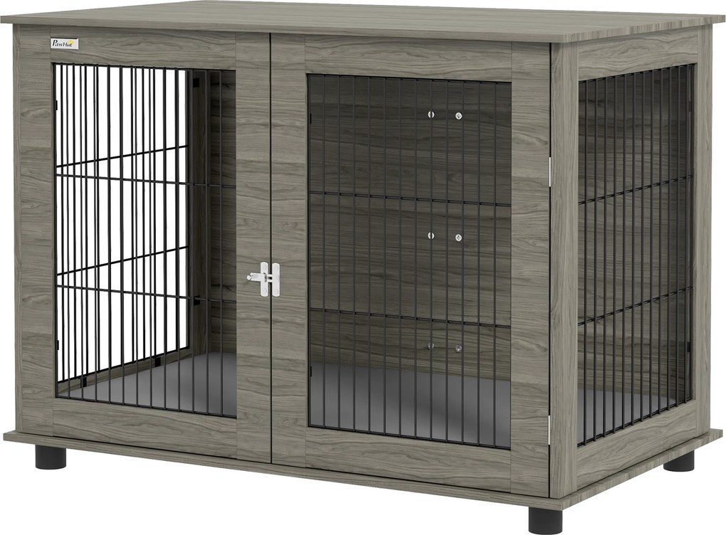 Gaiola para cães 2 em 1: mesa auxiliar com almofada de pelúcia com capa removível e porta com fecho de segurança, 100 x 60 x 73,5 cm, cinzenta
