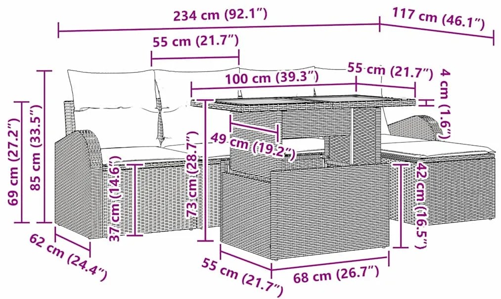 Conjunto de Jantar de Jardim da com 6 Peças e Almofadas Bege em Rattan