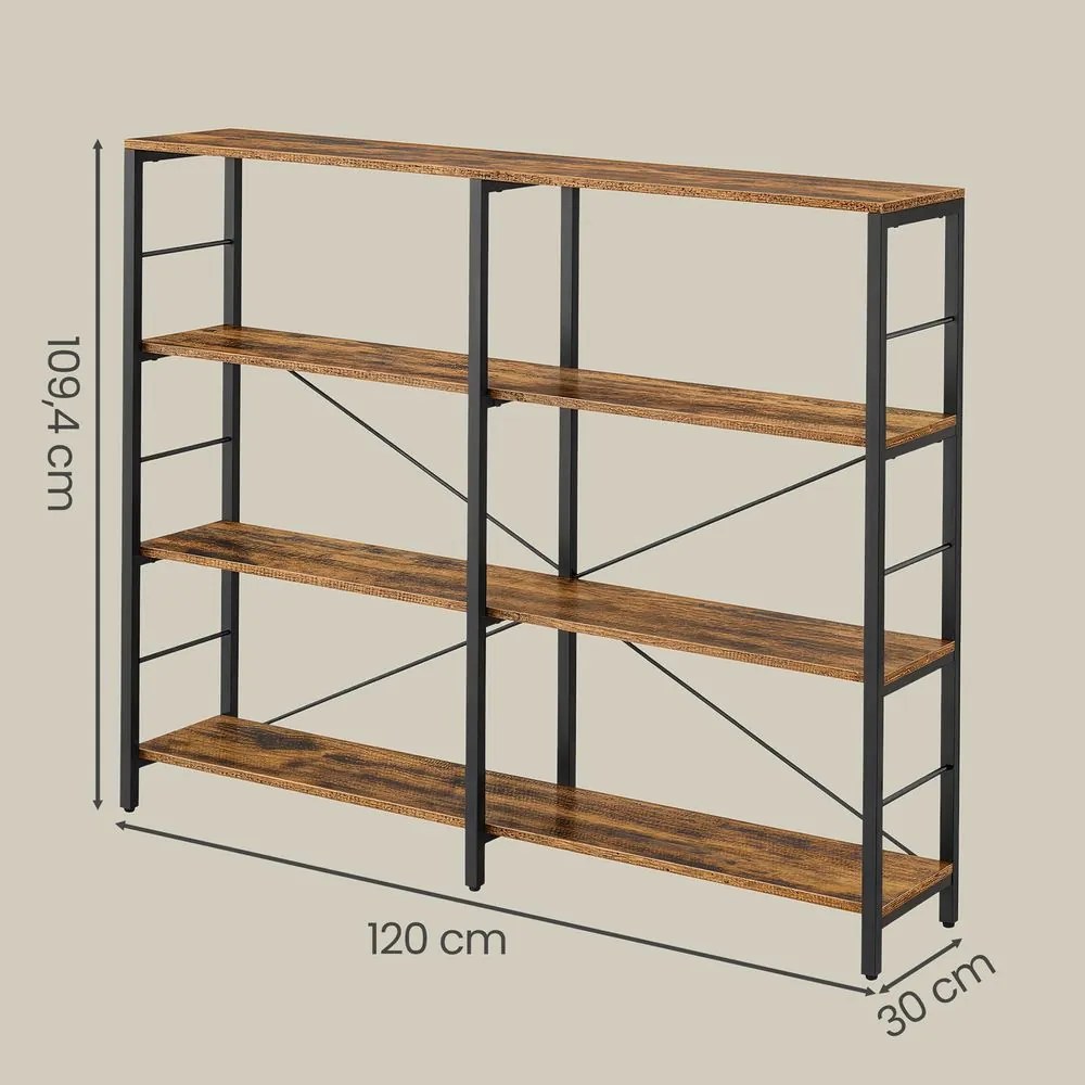 Estante de 4 níveis 120 x 30 x 109,4 cm, estante de arrumação, sala de estar, escritório castanho-preto