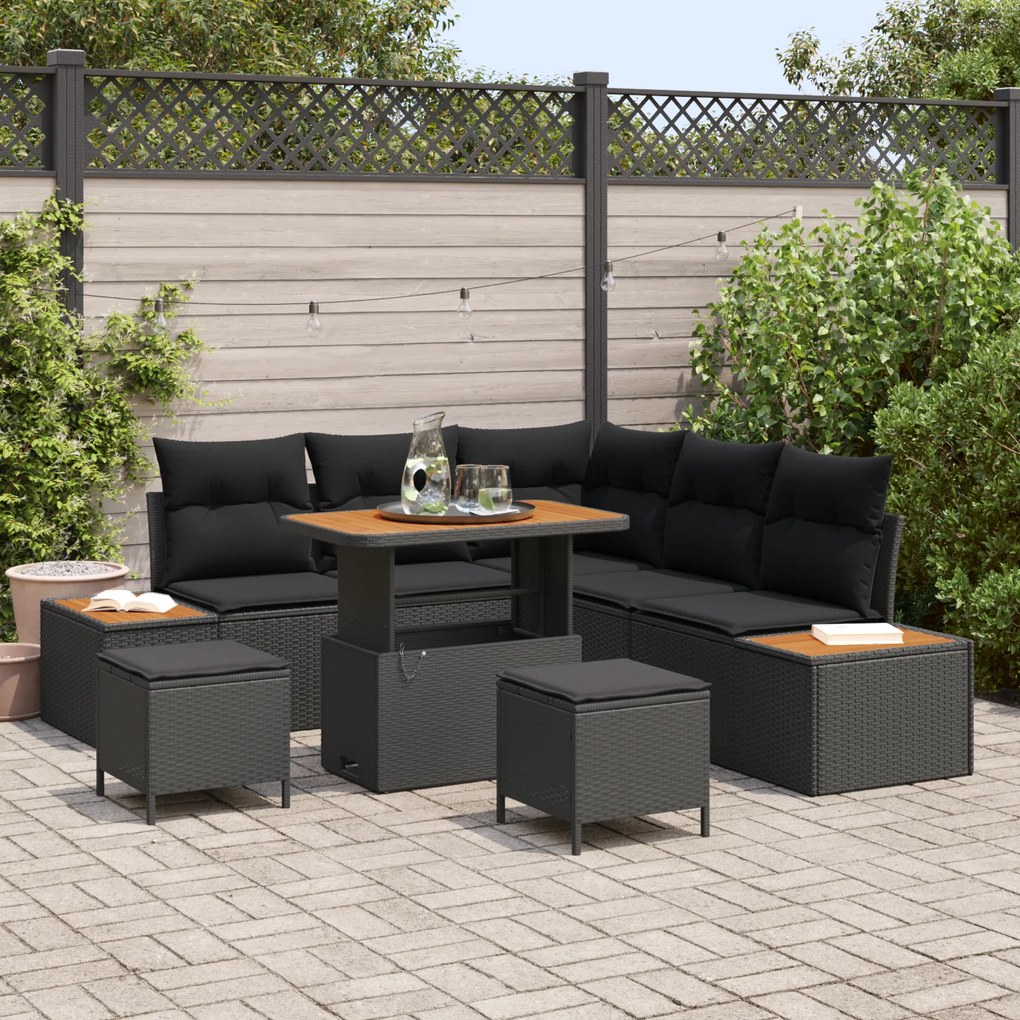Conjunto de 8 Peças de Sofás de Jardim com Almofadas em Rattan Preto d