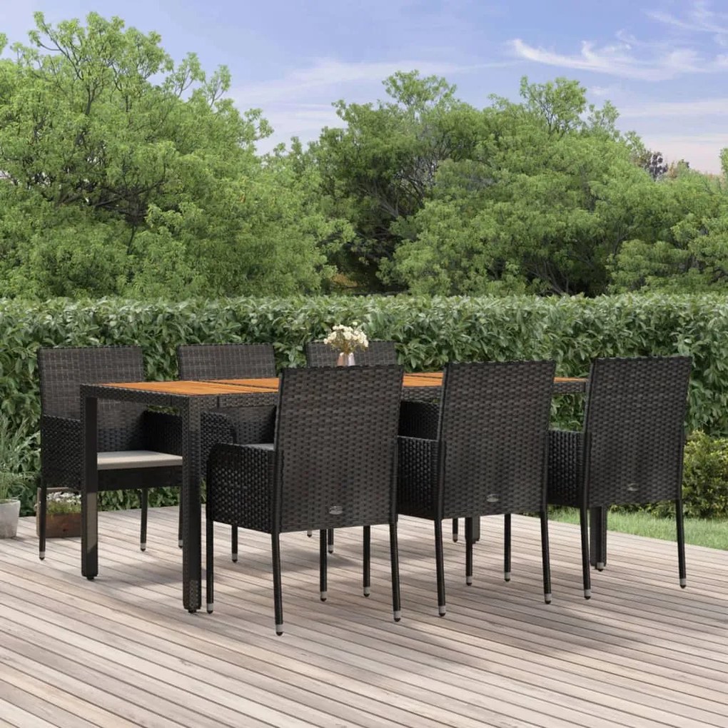 vidaXL 7 pcs conjunto de jantar p/ jardim c/ almofadões vime PE preto