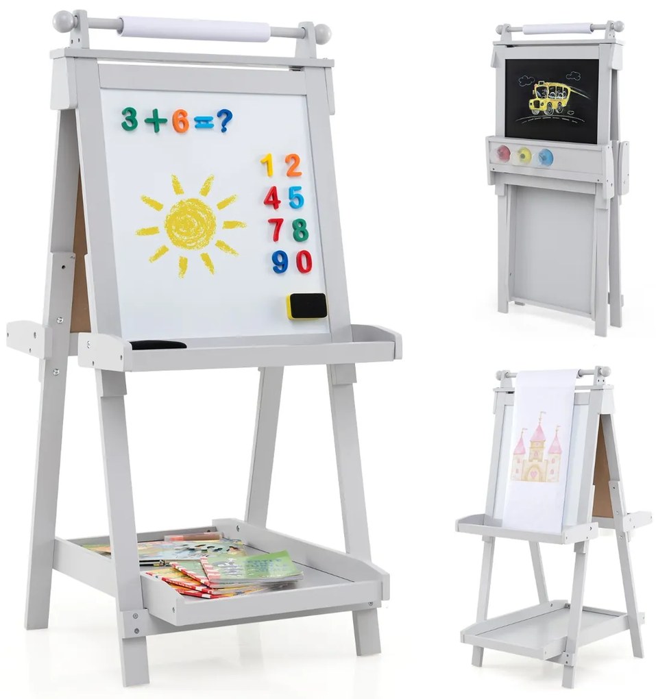 Cavalete de arte dobrável de dupla face 3 em 1 para crianças + 3 anos com quadro negro e rolo de papel substituível 3 copos bandejas Cinzento
