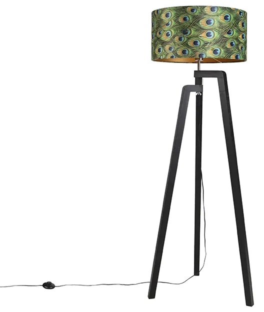 Candeeiro de pé tripé preto com abajur design pavão 50 cm - Puros Clássico / Antigo