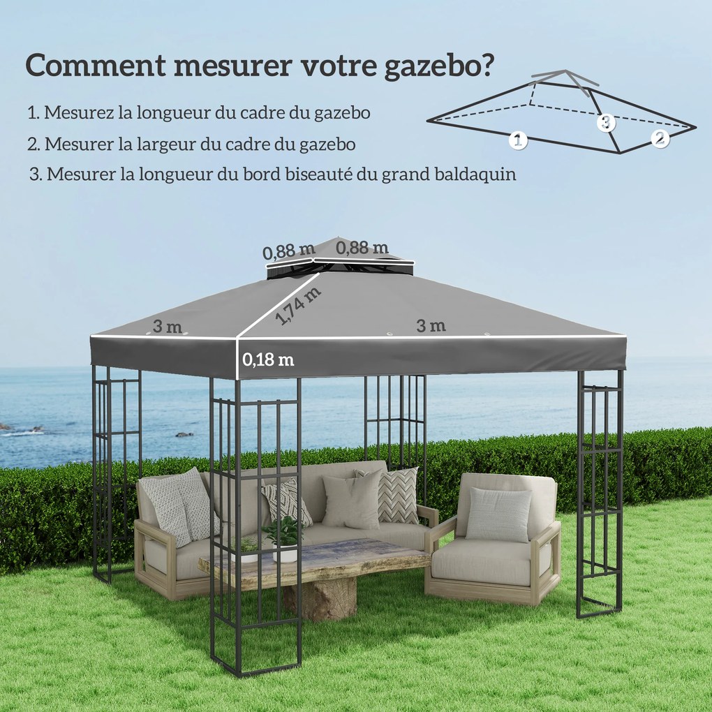 Tecido para Pérgola 3x3 m (NÃO Incluída) Tecido de Substituição Pérgola de 2 Níveis Proteção UPF30 Orifícios de Drenagem Cinzento Escuro