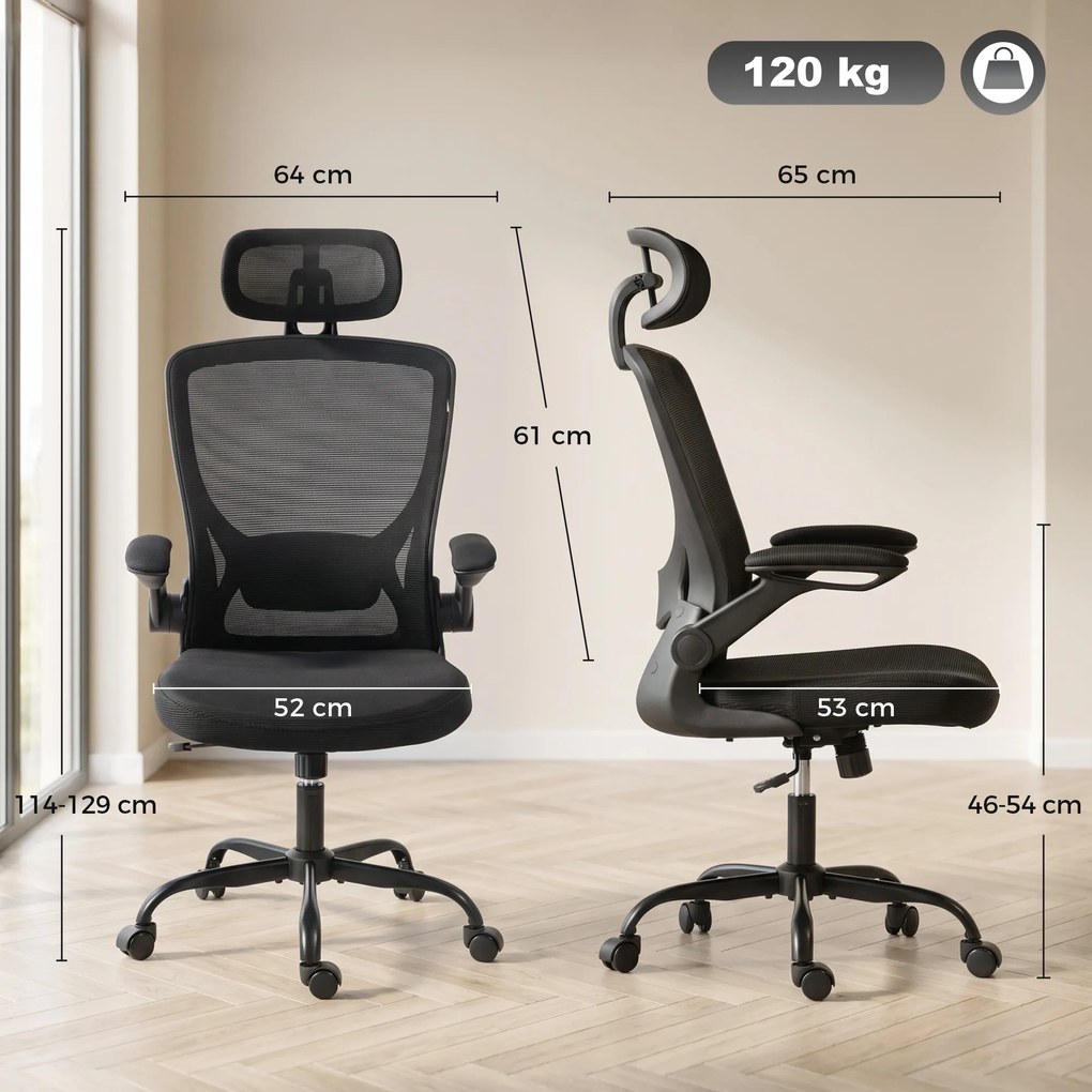 Cadeira de Escritório Ergonómica, 65 x 64 x 129 cm, Apoio Lombar e de Cabeça Reguláveis, Preto