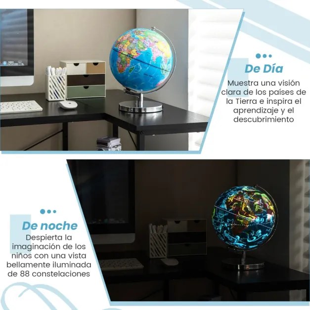 Globo terrestre 3 em 1 iluminado de 23 cm com 88 constelações, suporte metálico e mapa inglês para casa, escola e escritório Azul