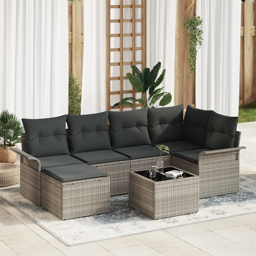 Conjunto de Sofá de Jardim vidaXL de 7 Peças com Almofadas Cinza Polié