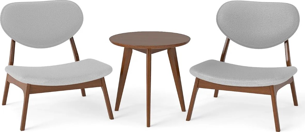 Conjunto de 2 cadeiras baixas decorativas com mesa auxiliar estofadas em veludo de carneiro com estrutura em madeira maciça cinza