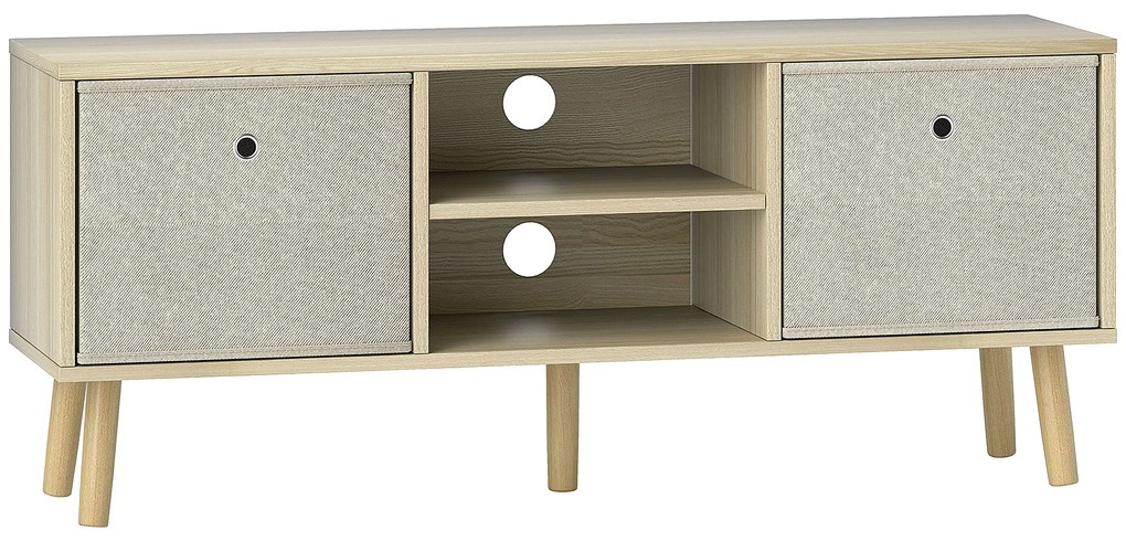 Móvel de TV para Televisores de até 50 Polegadas com 2 Gavetas de Tecido 2 Prateleiras Abertas 110x29x46,5 cm Madeira Clara e Bege