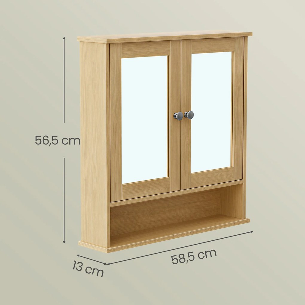 Armário casa banho parede com espelho 13 x 56,5 x 58,5 cm com 2 portas espelhadas e compartimento aberto em cor de carvalho natural