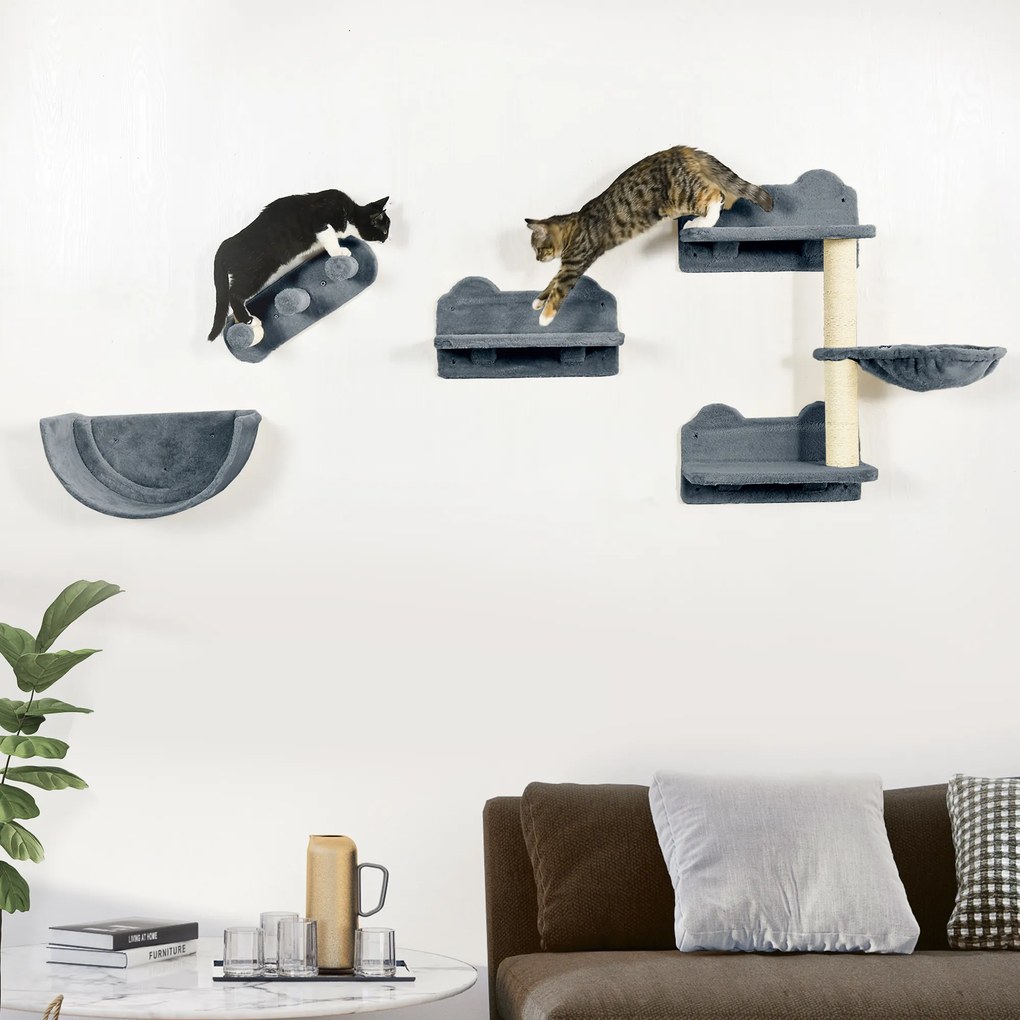 Prateleiras de Parede para Gatos 4 Peças com Rede Plataforma Semicircular Plataformas de Salto e Poste de Sisal Cinza