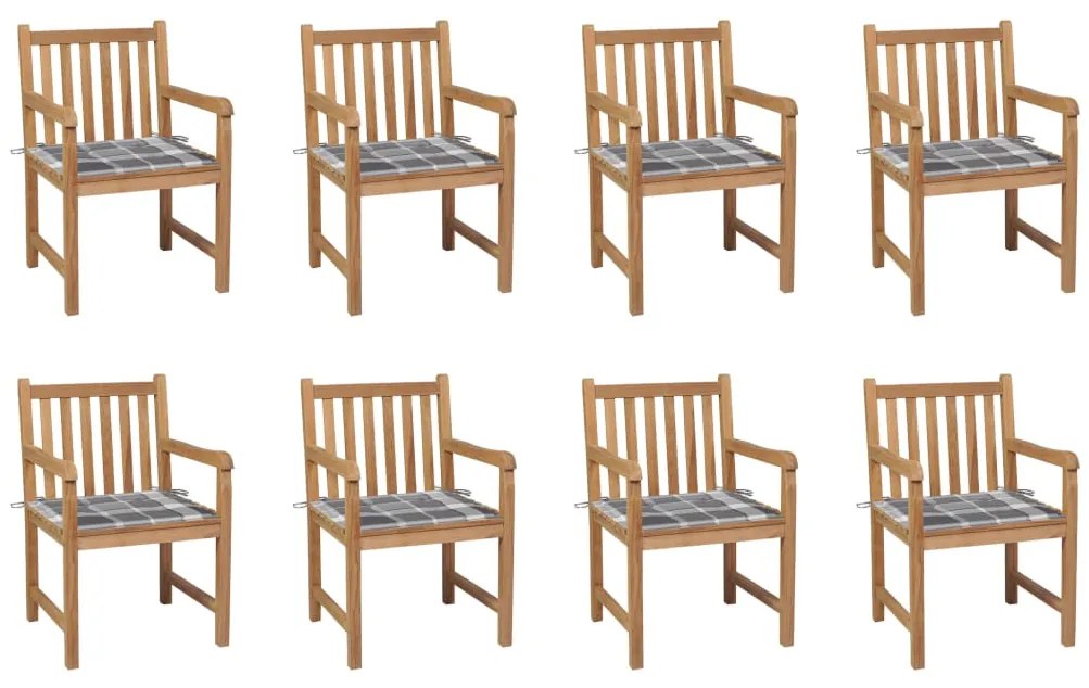 vidaXL Cadeiras de jardim almofadões xadrez cinzento 8 pcs teca maciça