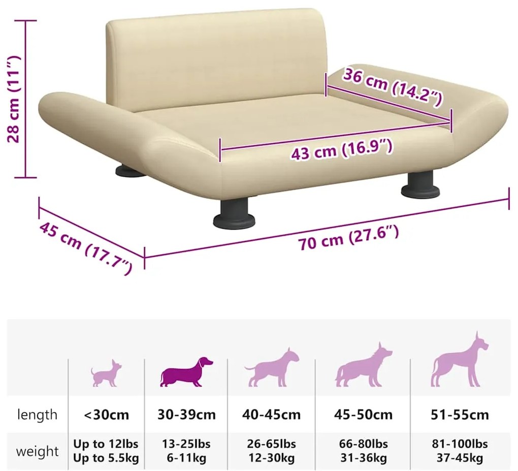 Cama para cães 70x45x28 cm tecido cor creme