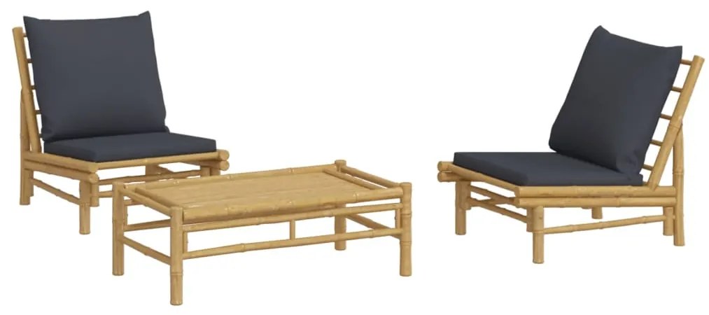 3pcs conj. lounge de jardim bambu c/ almofadões cinzento-escuro