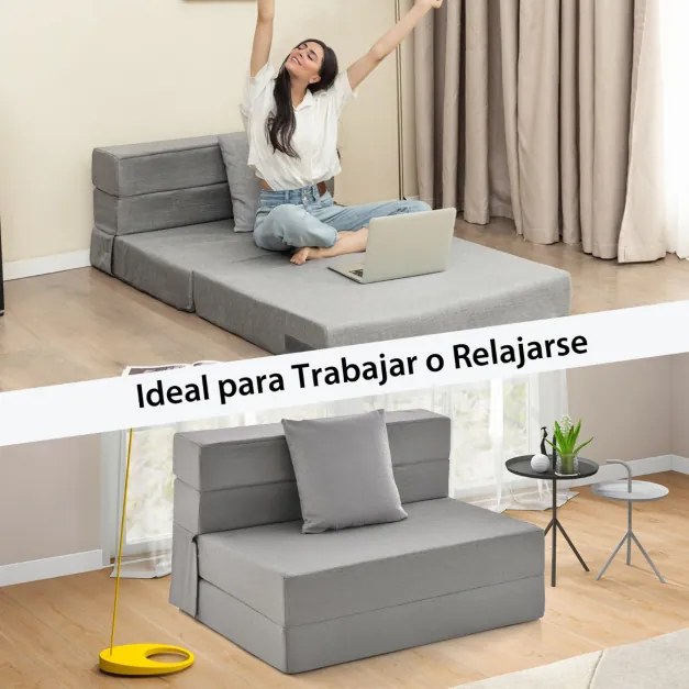 Sofá-cama de 3 seções com colchão dobrável de espuma de alta densidade com travesseiro capa lavável com fecho Cinzento