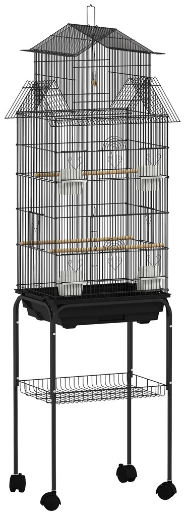 PawHut Gaiola de Metal para Pássaros com Bandeja Amovível Rodas 4 Comedouros 3 Poleiros e 1 Baloiço 50,5x41x163 cm Preto | Aosom Portugal