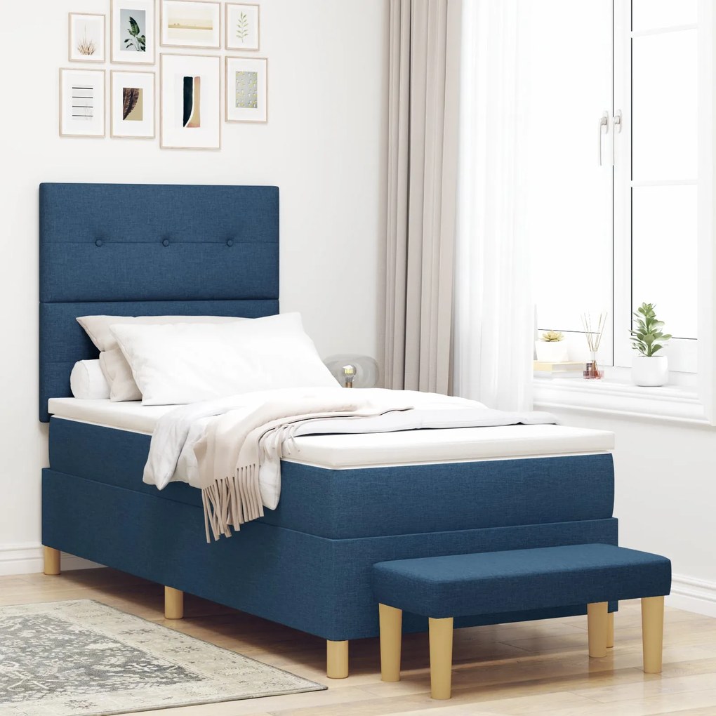 Cama Box Spring vidaXL com Colchão e Banco Azul 90x200 cm Tecido