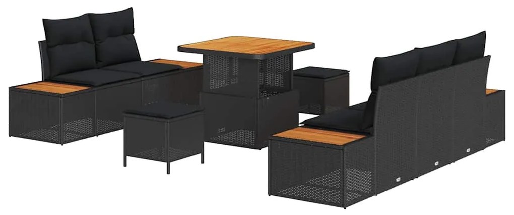 Conjunto de Sofás de Jardim de 8 Peças com Almofadas Preto Rattan Poli