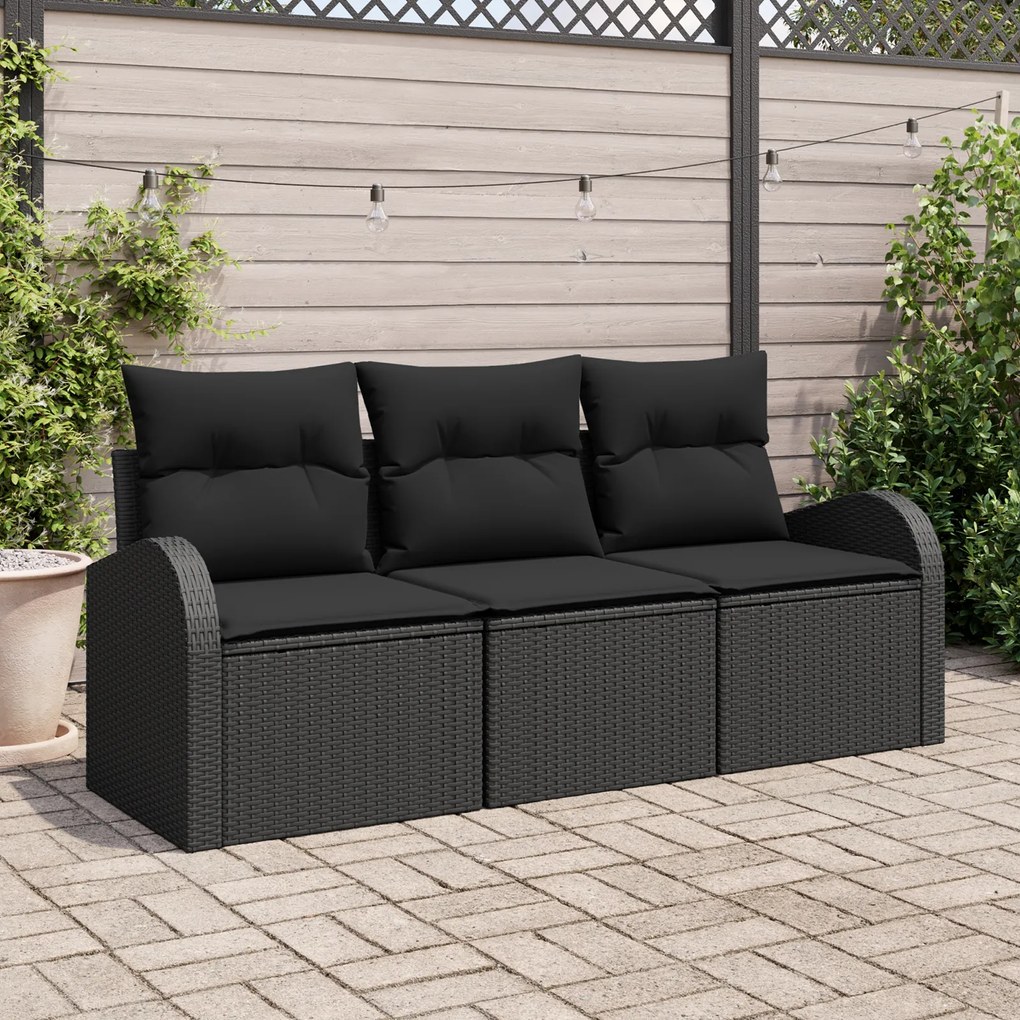 vidaXL Conjunto de Sofá para Jardim de 3 Peças com Almofadas Pretas de Vime Sintético