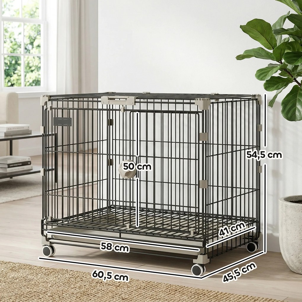 Gaiola dobrável para cães, tabuleiro removível, rodas com travões, teto abrível com fecho de segurança, 60,5 x 45,5 x 54,5 cm, preta
