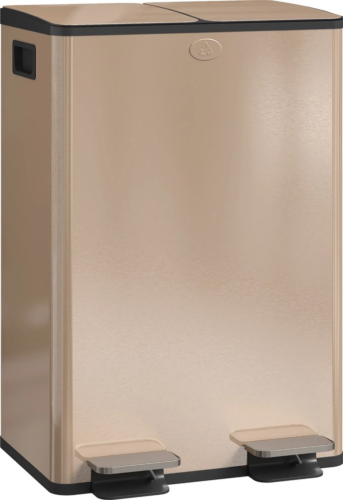 HOMCOM Lixeira de cozinha 2 compartimentos de 2 x 28L, aço inoxidável, tampa com fechamento suave, 45,8x36x67,6cm, ouro | Aosom Portugal