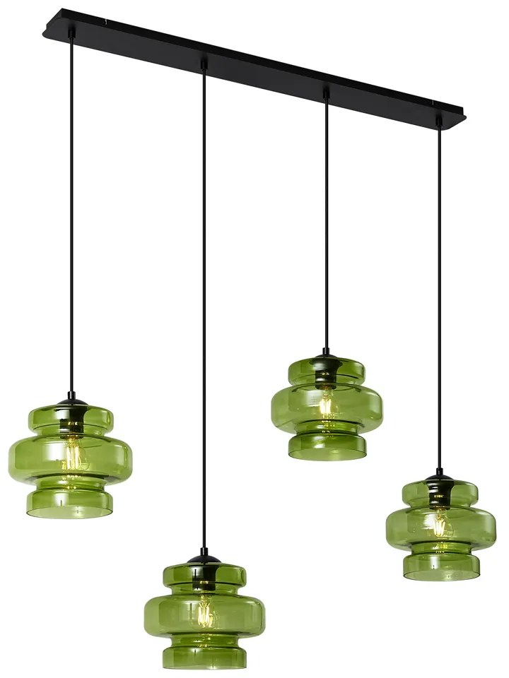 Candeeiro suspenso retro preto com vidro verde 4-luzes - Denise