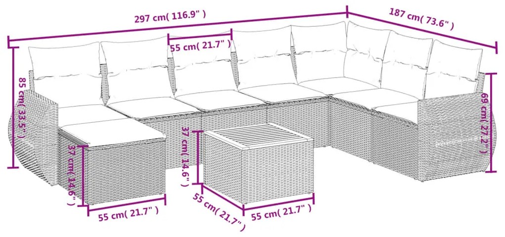 9 pcs conjunto de sofás p/ jardim c/ almofadões vime PE preto