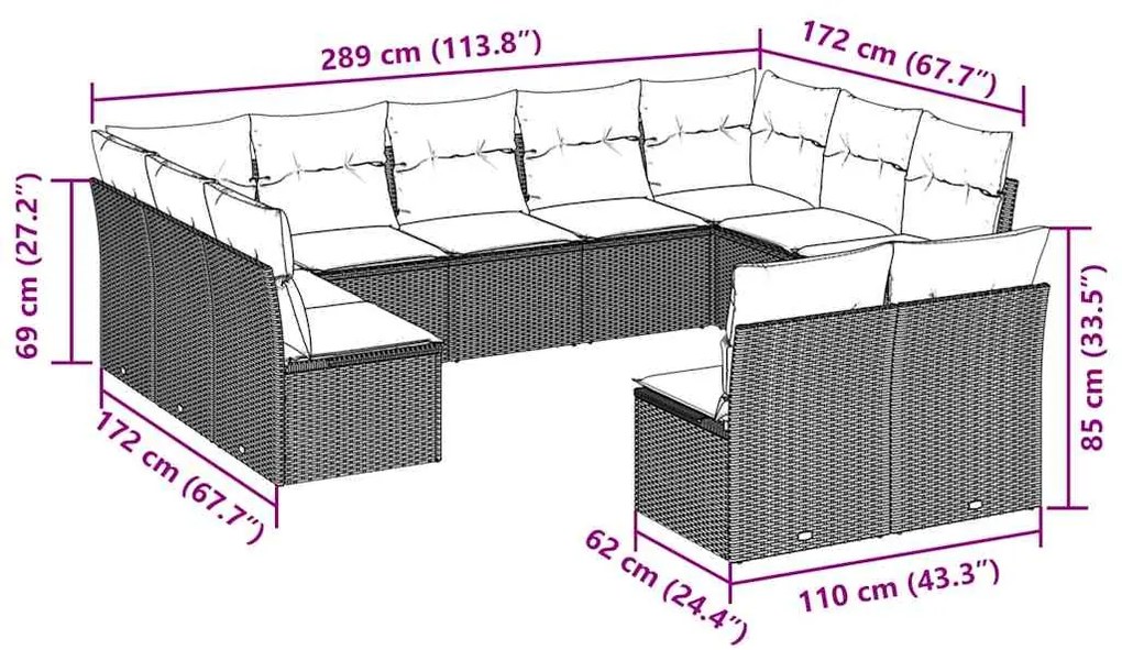 11 pcs conjunto sofás de jardim c/ almofadões vime PE castanho